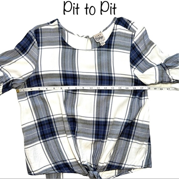 Como Vintage Blue and White Plaid Flutter Ruffle Sleeve Front Tie Top Size Small - Picture 14 of 16